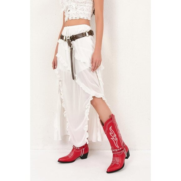 🆕Women Red Cowboy Boot with Chain Pointy Toe Heel Pull on Style Western Boots - Picture 7 of 9